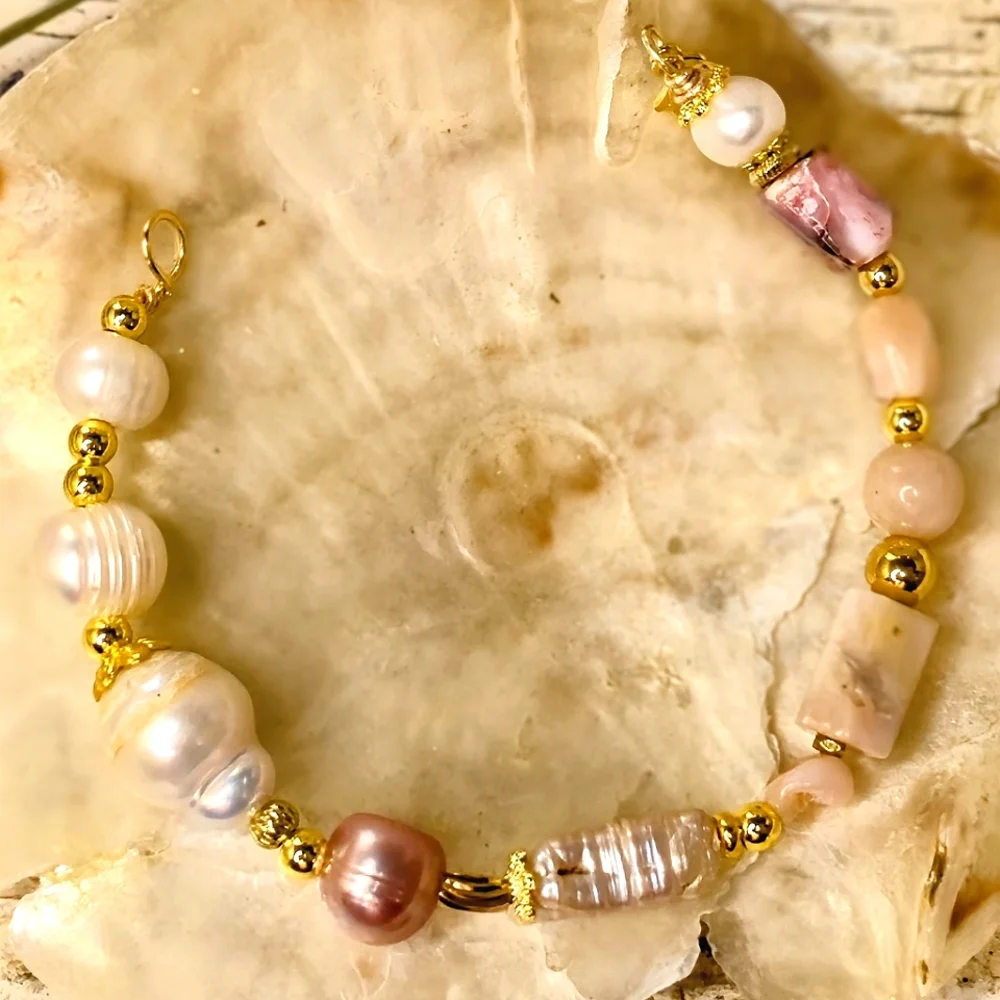 Pink Opal &  Baroque Pearls In Assymetrical Free Form Artisan Bracelet